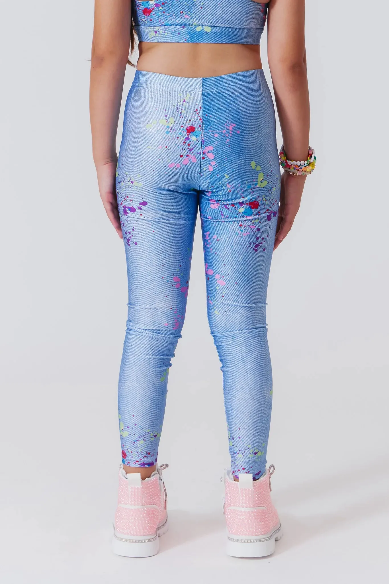 TEREZ- Girls Hi-Shine Leggings in Denim Paint Splatter