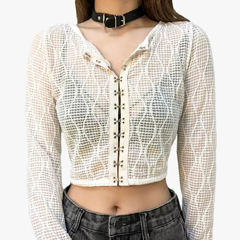 themeisles Coquette Fashion Сrop Blouse White Mesh Top