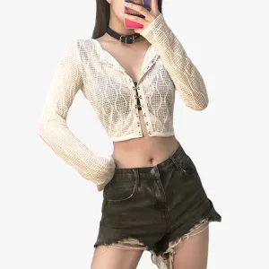 themeisles Coquette Fashion Сrop Blouse White Mesh Top