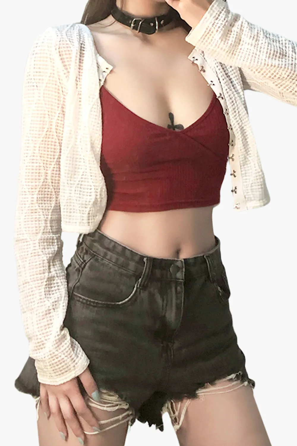 themeisles Coquette Fashion Сrop Blouse White Mesh Top