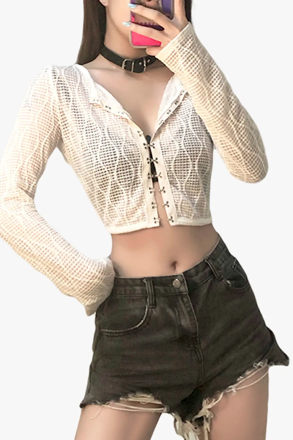 themeisles Coquette Fashion Сrop Blouse White Mesh Top