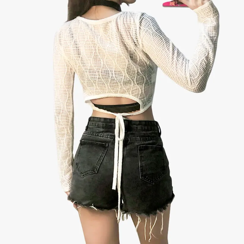 themeisles Coquette Fashion Сrop Blouse White Mesh Top