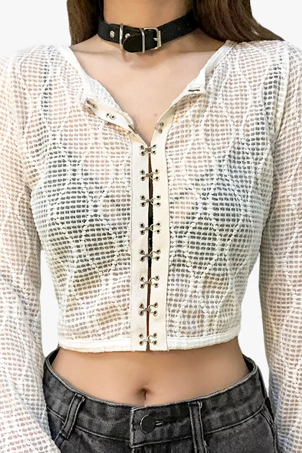 themeisles Coquette Fashion Сrop Blouse White Mesh Top
