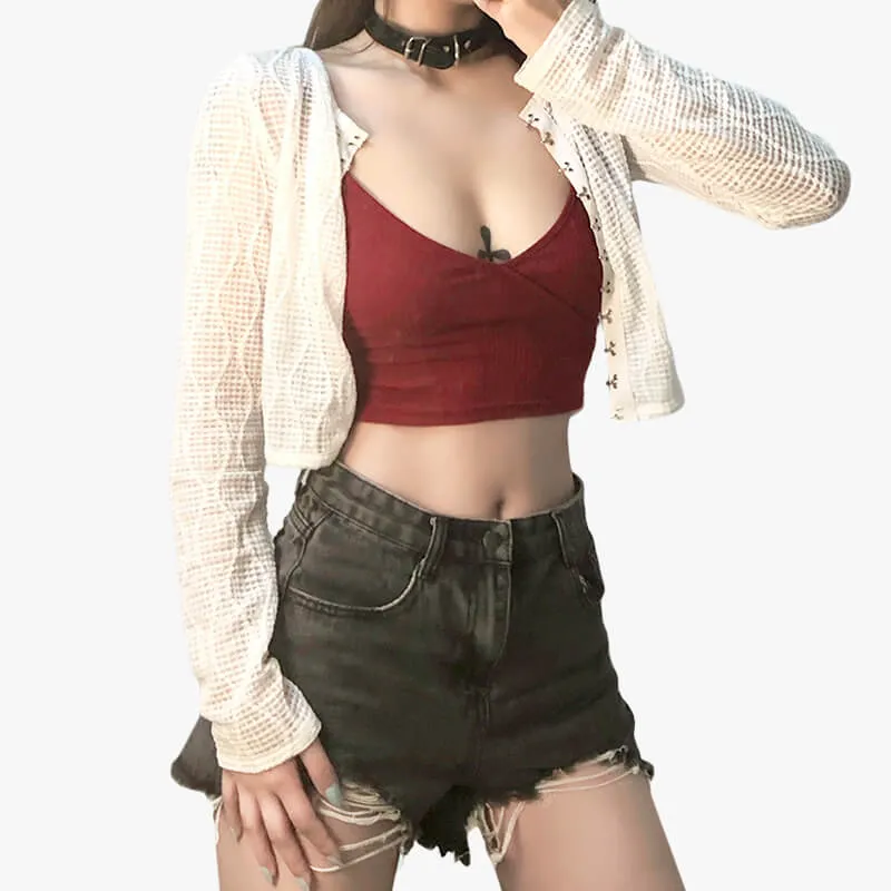 themeisles Coquette Fashion Сrop Blouse White Mesh Top