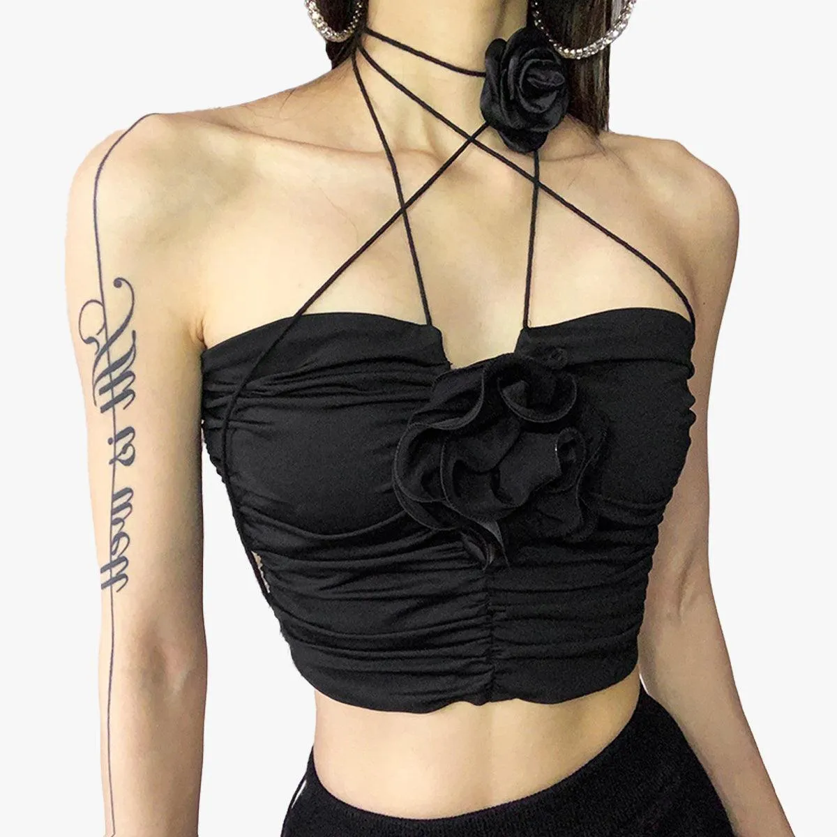themeisles Deadly Black Roses Tube Crop Top