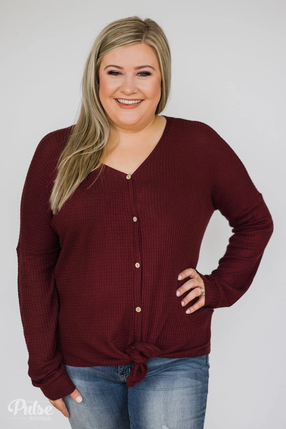 Thermal Button Knot Top- Burgundy