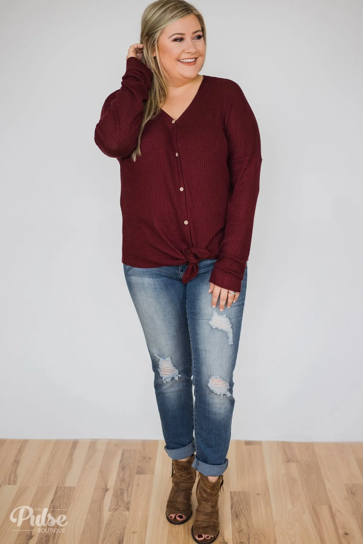 Thermal Button Knot Top- Burgundy