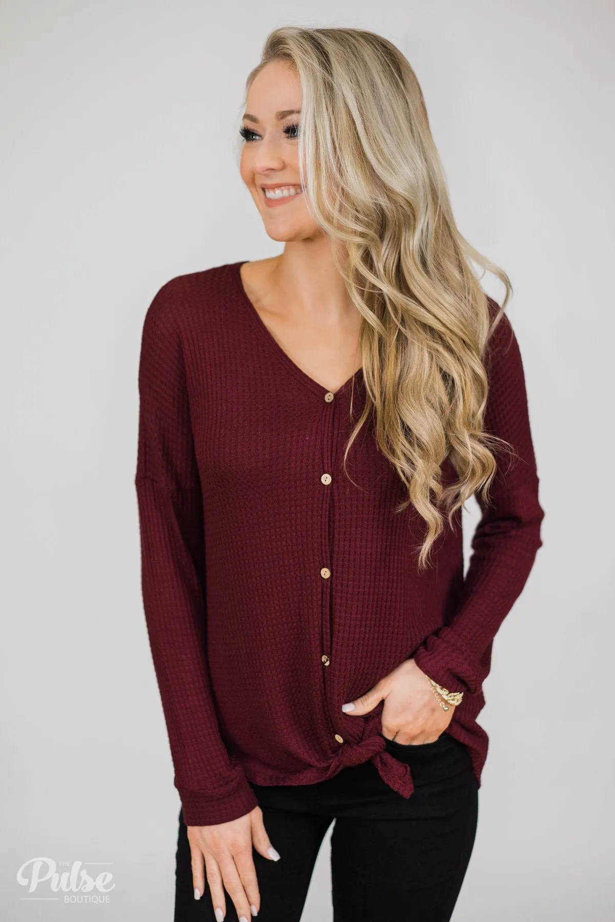 Thermal Button Knot Top- Burgundy