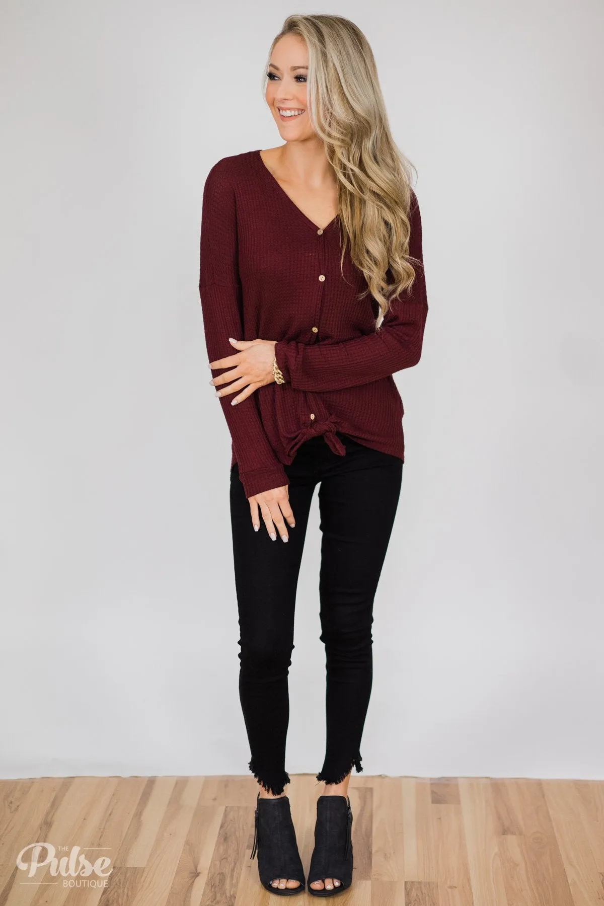 Thermal Button Knot Top- Burgundy