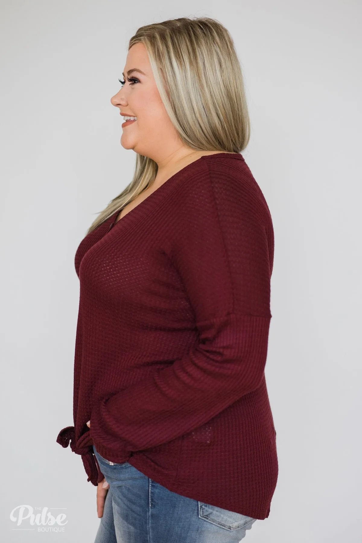 Thermal Button Knot Top- Burgundy