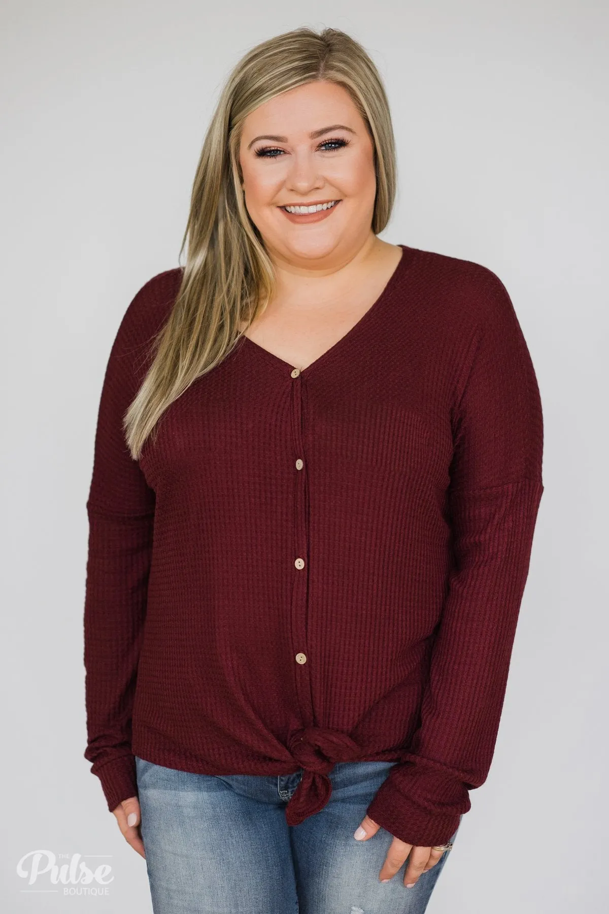 Thermal Button Knot Top- Burgundy