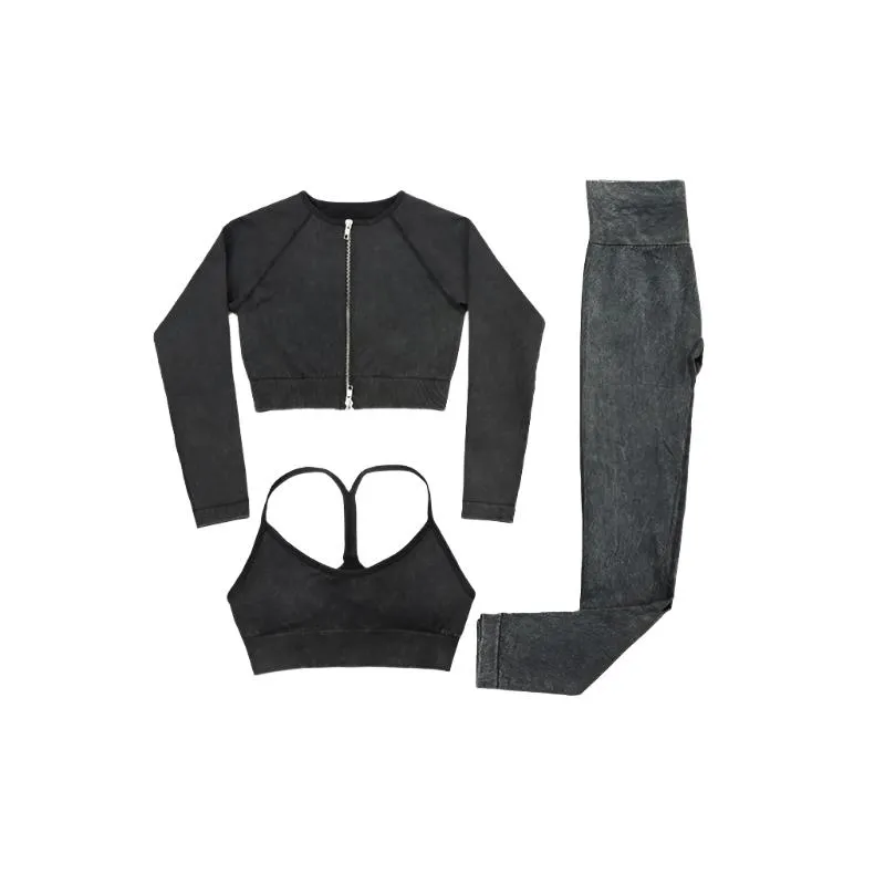 Three Piece Stone Wash Yoga Set