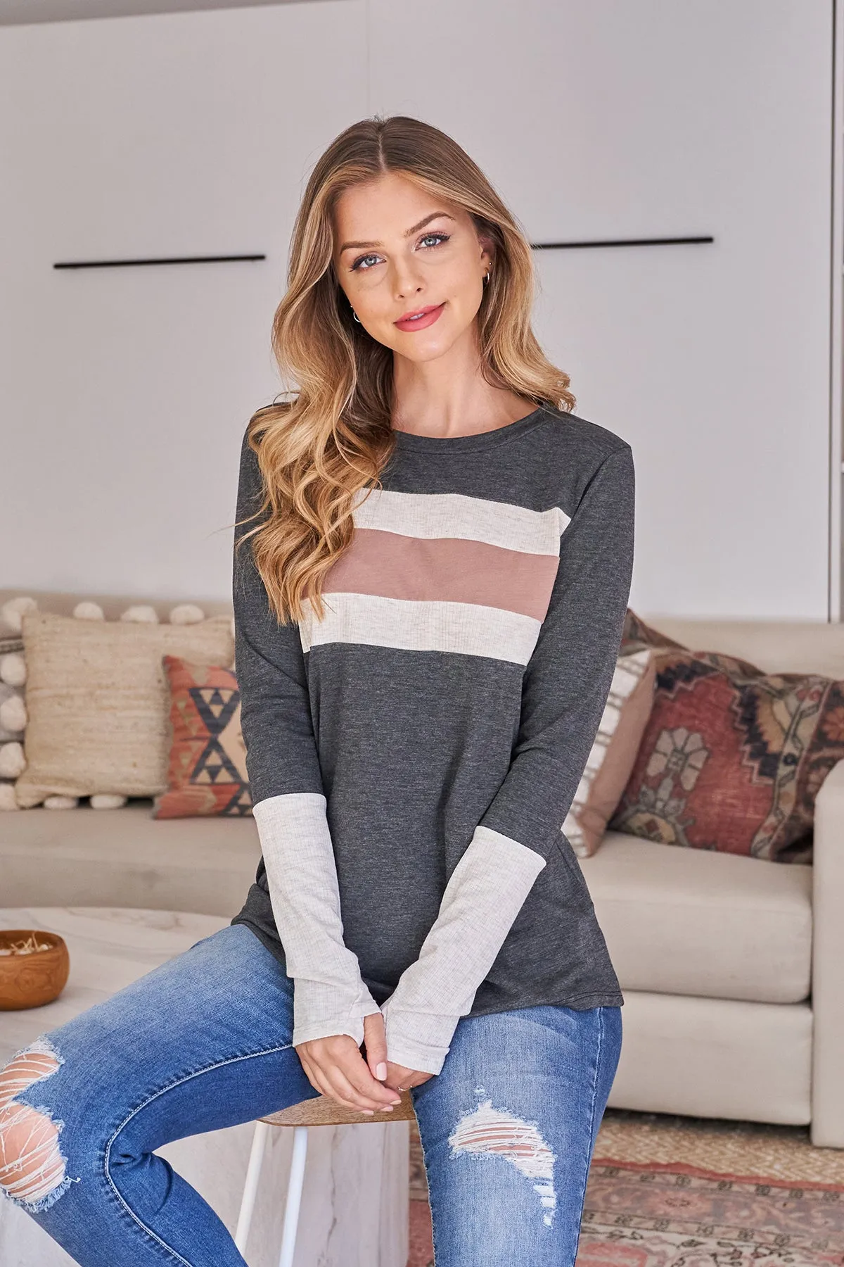 Thumbhole Long Sleeve Rib Contrast Top