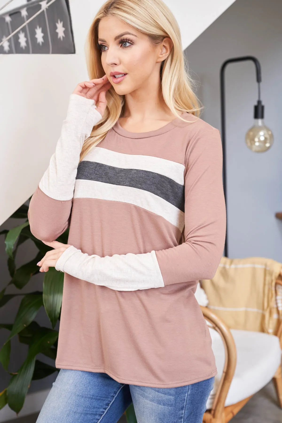 Thumbhole Long Sleeve Rib Contrast Top