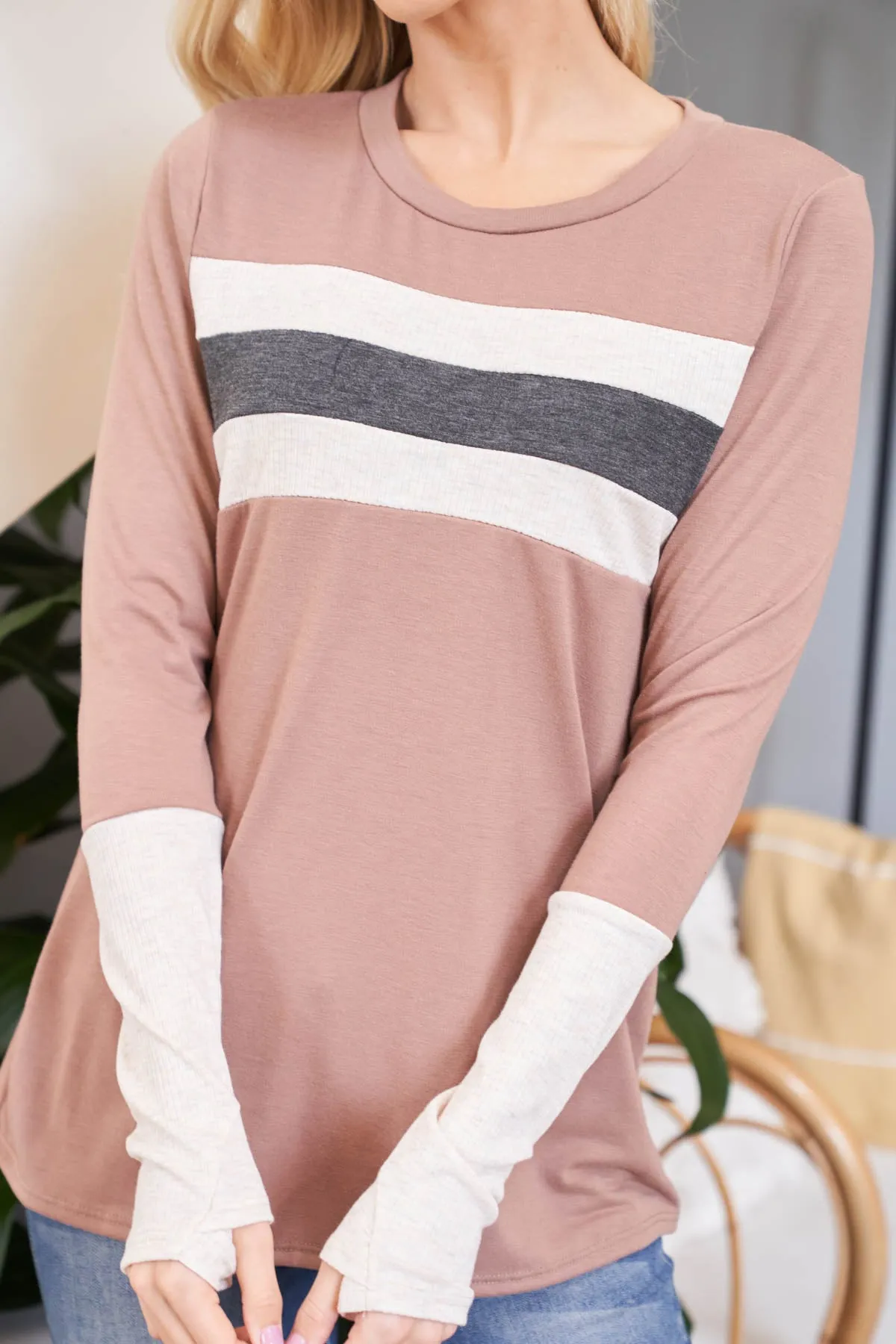 Thumbhole Long Sleeve Rib Contrast Top