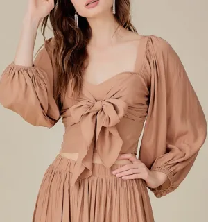Tie Up Front Puff Sleeve Crop Top