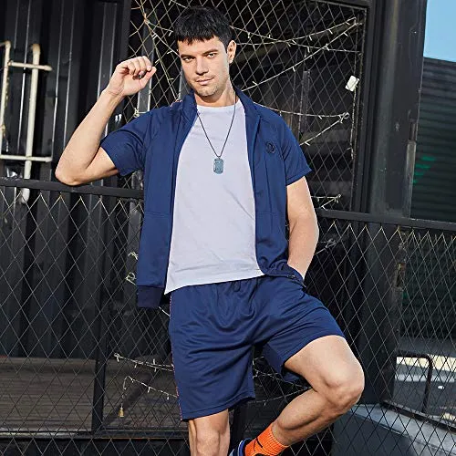 TOLOER Men's Zipper Short Sleeve Jacket and Shorts Stripe Drawstring Waistband Tracksuit Navy XX-Large