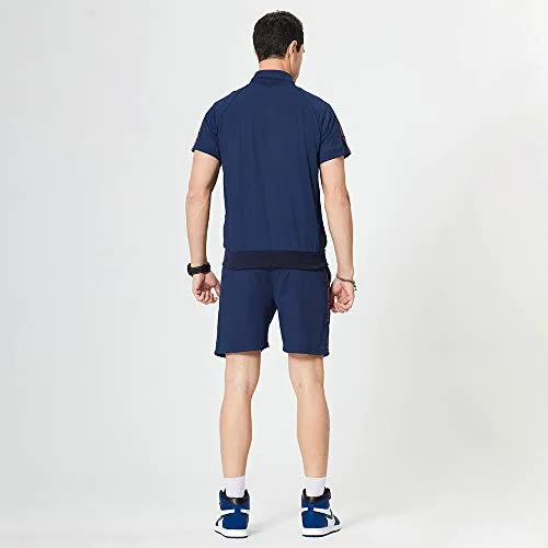 TOLOER Men's Zipper Short Sleeve Jacket and Shorts Stripe Drawstring Waistband Tracksuit Navy XX-Large