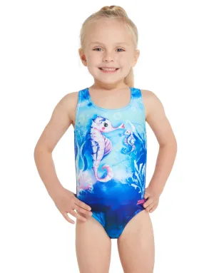 Tots Girls Sea Horse Actionback Swimsuit - Blue/Pink
