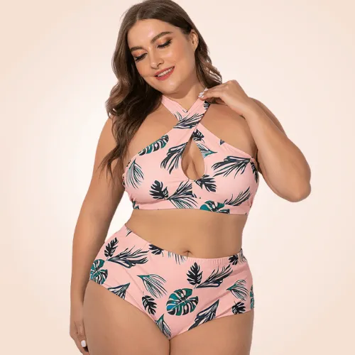 Two Piece Plus Size Floral Cross Bikini Beach Swimwear