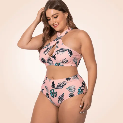 Two Piece Plus Size Floral Cross Bikini Beach Swimwear
