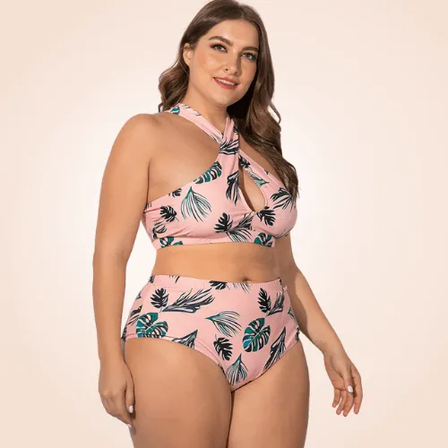 Two Piece Plus Size Floral Cross Bikini Beach Swimwear