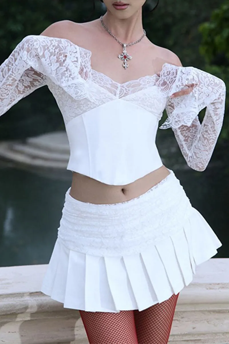 UK0657 Lace Shirt and Mini Skirt Set