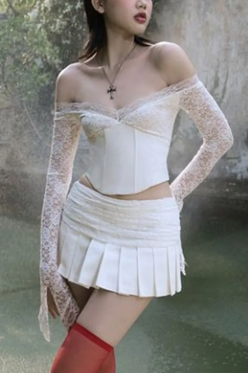 UK0657 Lace Shirt and Mini Skirt Set