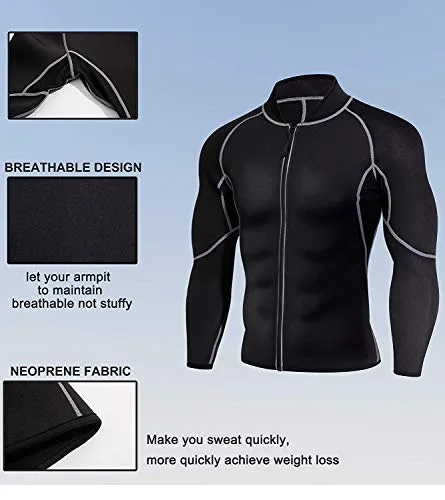 Ursexyly Men Exercise Sweat Hot Dress Shirt, Sauna Suit Neoprene Slimming Fitness Jacket Gym Wear for Core Muscle Training (Black Exercise Shirt, L)