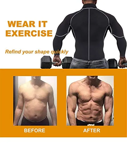 Ursexyly Men Exercise Sweat Hot Dress Shirt, Sauna Suit Neoprene Slimming Fitness Jacket Gym Wear for Core Muscle Training (Black Exercise Shirt, L)