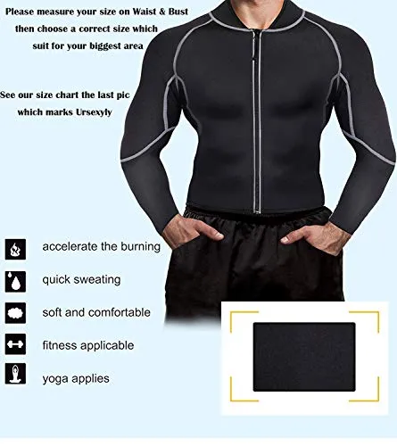 Ursexyly Men Exercise Sweat Hot Dress Shirt, Sauna Suit Neoprene Slimming Fitness Jacket Gym Wear for Core Muscle Training (Black Exercise Shirt, L)