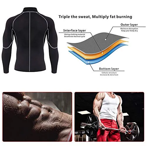 Ursexyly Men Exercise Sweat Hot Dress Shirt, Sauna Suit Neoprene Slimming Fitness Jacket Gym Wear for Core Muscle Training (Black Exercise Shirt, L)