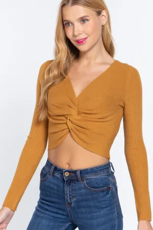 V-neck FrontTwist Knotted Crop Sweater
