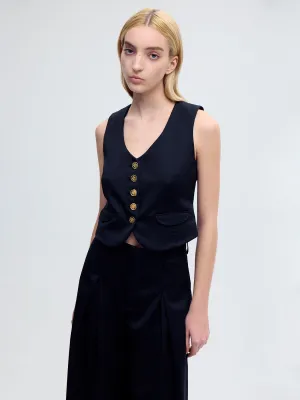 V-Neck Wool Vest In Black