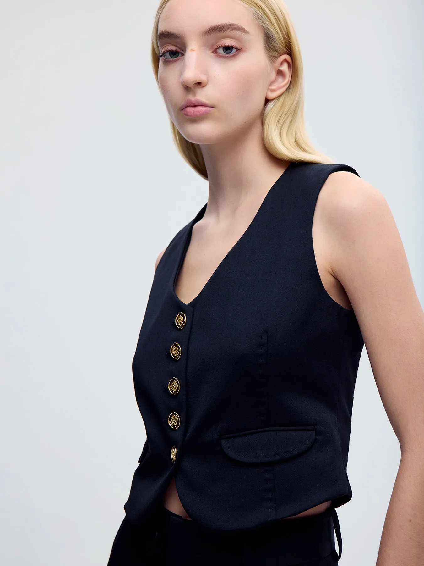 V-Neck Wool Vest In Black