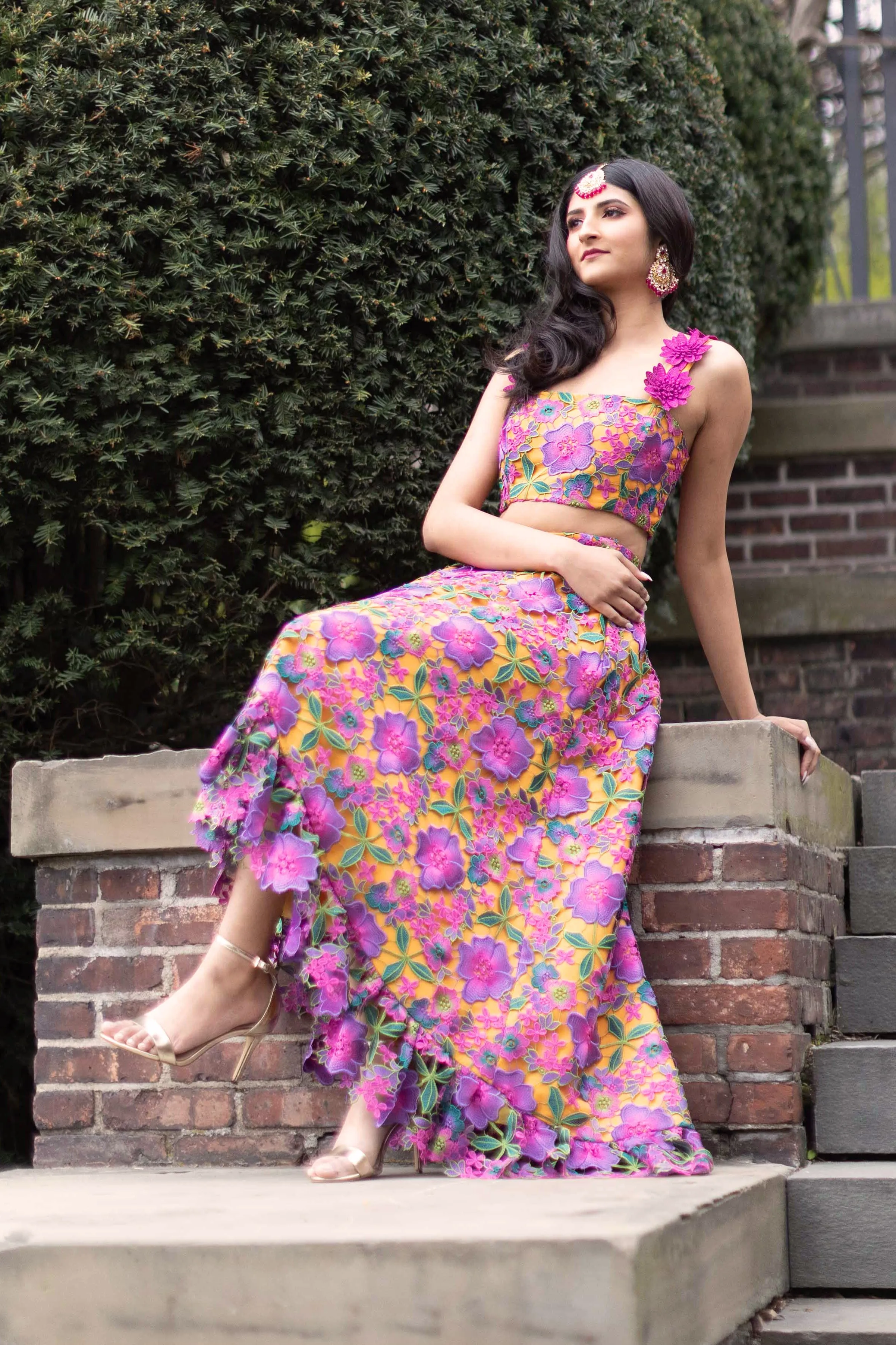 VANYA Yellow Floral Hi-Lo Ruffle Lehenga Skirt
