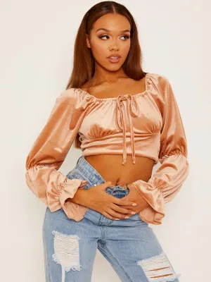 Velour Crop Top with Ruched Sleeves