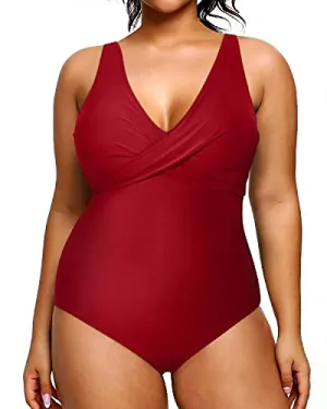 Vintage Tummy Control Plus Size Slimming Swimsuits For Women-Red