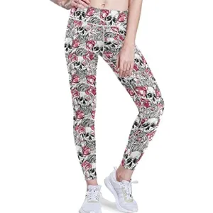 visesunny High Waist Yoga Pants with Pockets Pink Rose Flower Skull Soft Tummy Control Workout Leggings