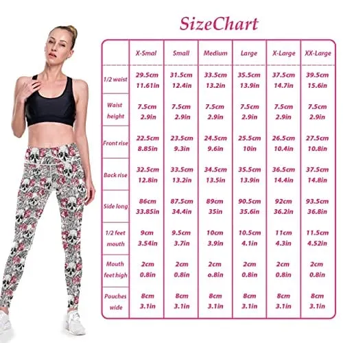 visesunny High Waist Yoga Pants with Pockets Pink Rose Flower Skull Soft Tummy Control Workout Leggings