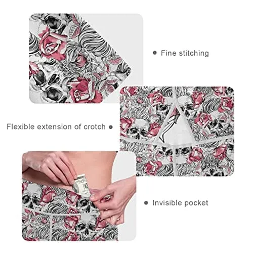 visesunny High Waist Yoga Pants with Pockets Pink Rose Flower Skull Soft Tummy Control Workout Leggings