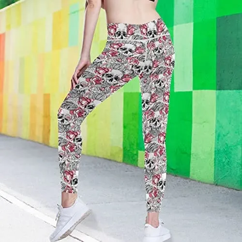visesunny High Waist Yoga Pants with Pockets Pink Rose Flower Skull Soft Tummy Control Workout Leggings