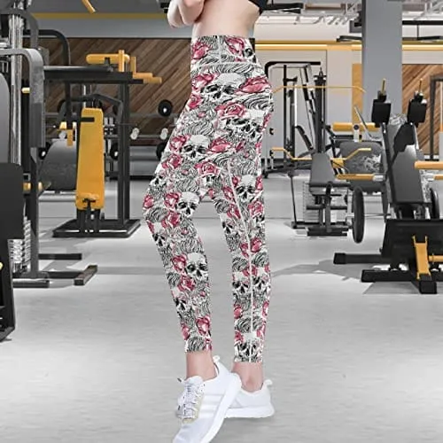 visesunny High Waist Yoga Pants with Pockets Pink Rose Flower Skull Soft Tummy Control Workout Leggings
