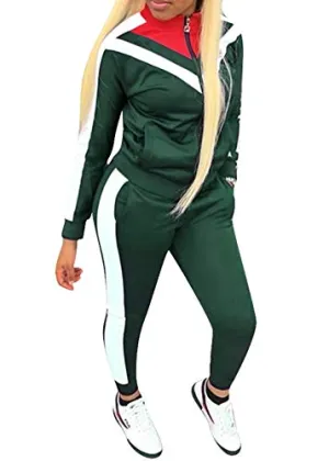VNVNE Womens Color Block Tracksuit 2 Piece Outfits, Casual Long Sleeve Full Zip Jacket and Pants Sport Set Sweatsuits (Green, S)