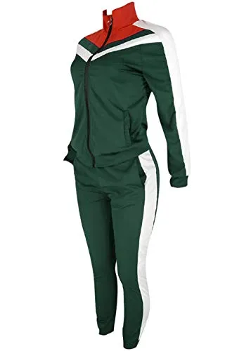 VNVNE Womens Color Block Tracksuit 2 Piece Outfits, Casual Long Sleeve Full Zip Jacket and Pants Sport Set Sweatsuits (Green, S)