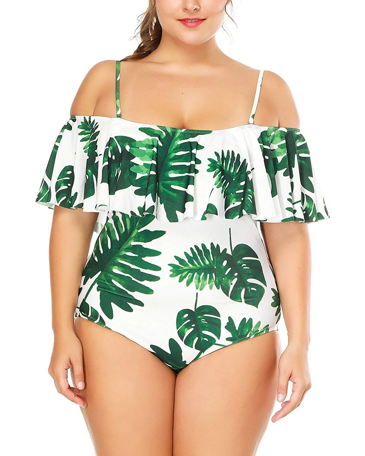 Wavely Women One Piece Plus Size Swimwear Ruffle Flounce Off Shoulder Printed Monokini Swimsuits