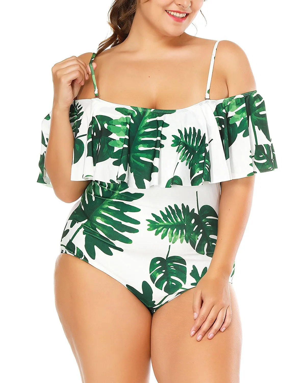 Wavely Women One Piece Plus Size Swimwear Ruffle Flounce Off Shoulder Printed Monokini Swimsuits