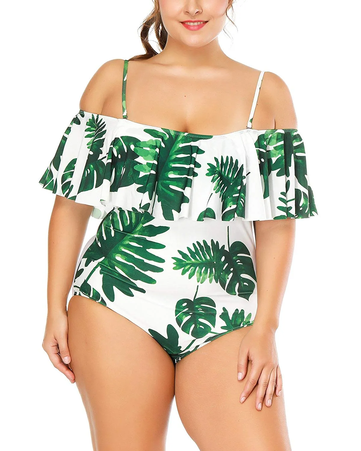 Wavely Women One Piece Plus Size Swimwear Ruffle Flounce Off Shoulder Printed Monokini Swimsuits