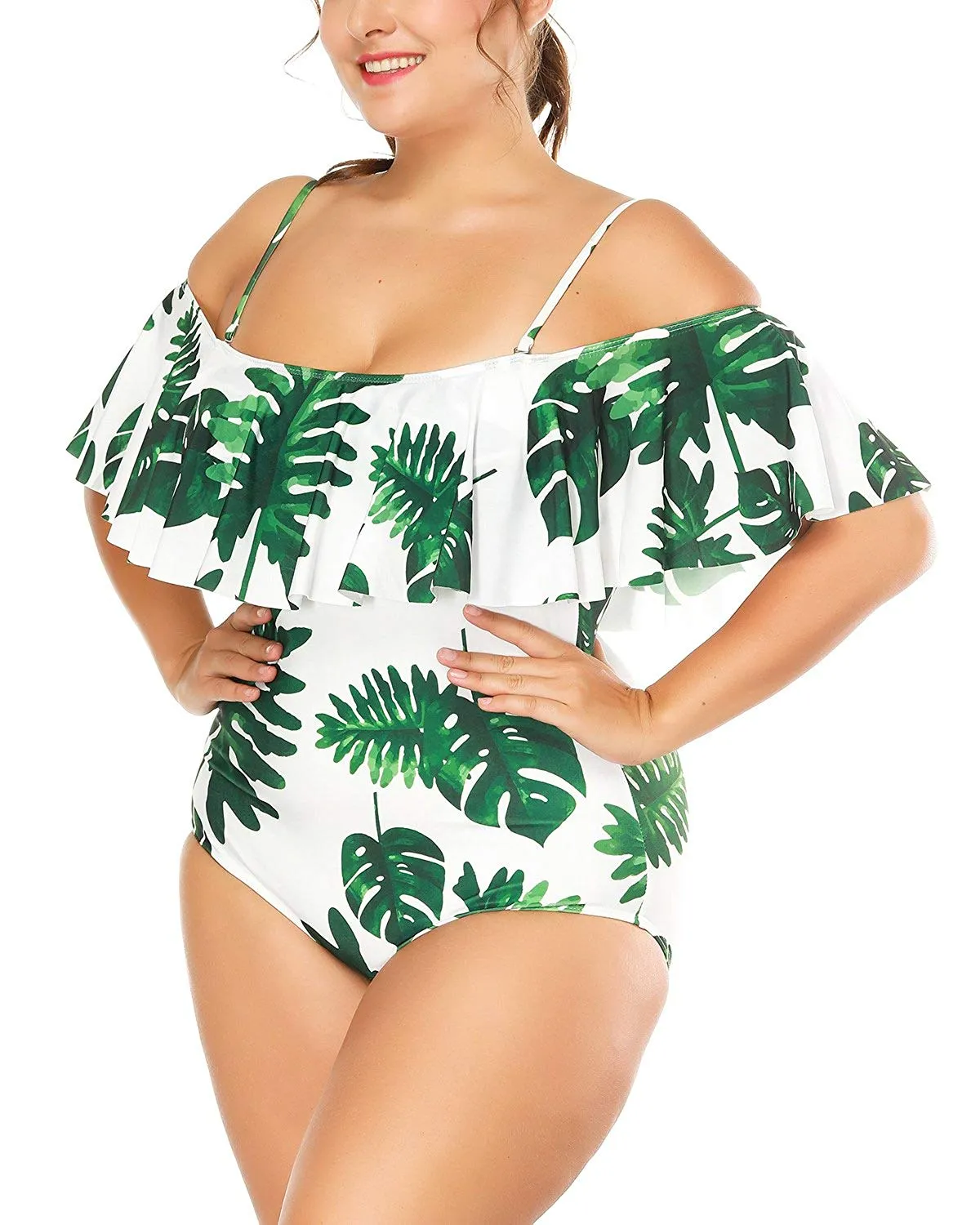 Wavely Women One Piece Plus Size Swimwear Ruffle Flounce Off Shoulder Printed Monokini Swimsuits