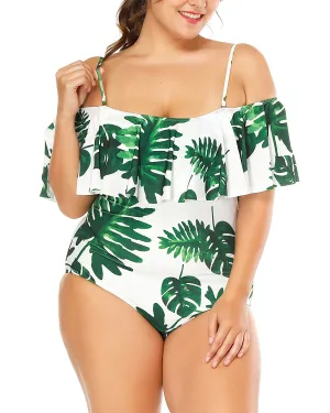 Wavely Women One Piece Plus Size Swimwear Ruffle Flounce Off Shoulder Printed Monokini Swimsuits
